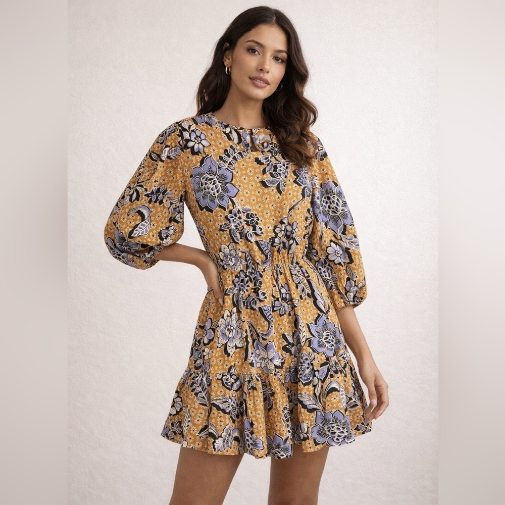 Corey Lynn Calter Dress Women Small Floral Mini Puff Sleeve Orange  E